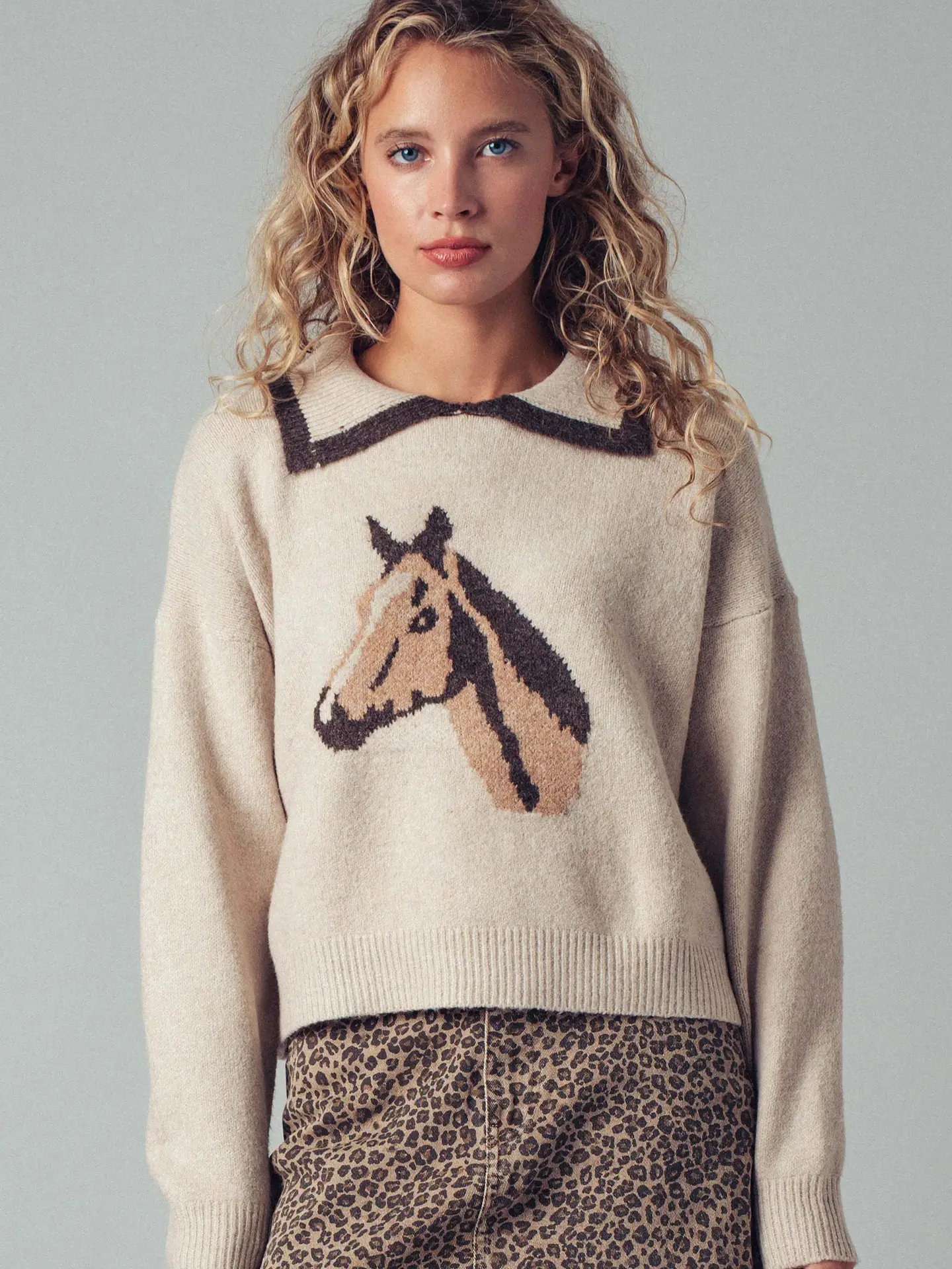Horse Motif Knit Sweater - TAUPE