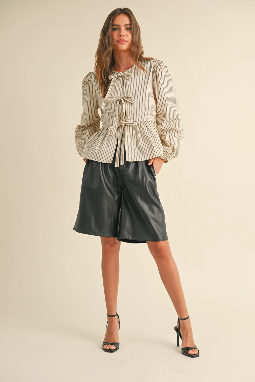 Striped Woven Blouse with Tie Front - Beige/Navy