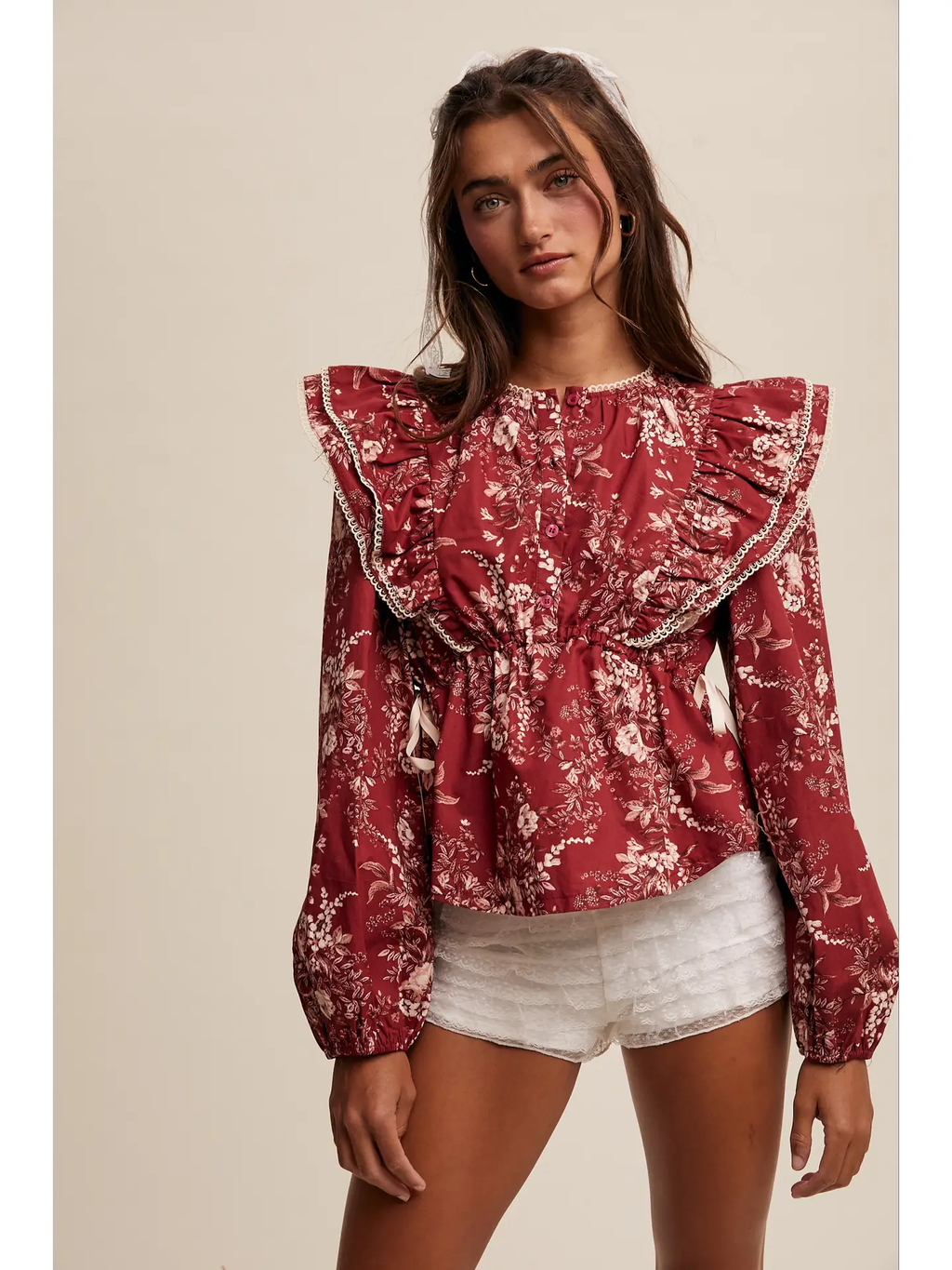 Victorian Floral Ruffle Blouse - CRIMSON