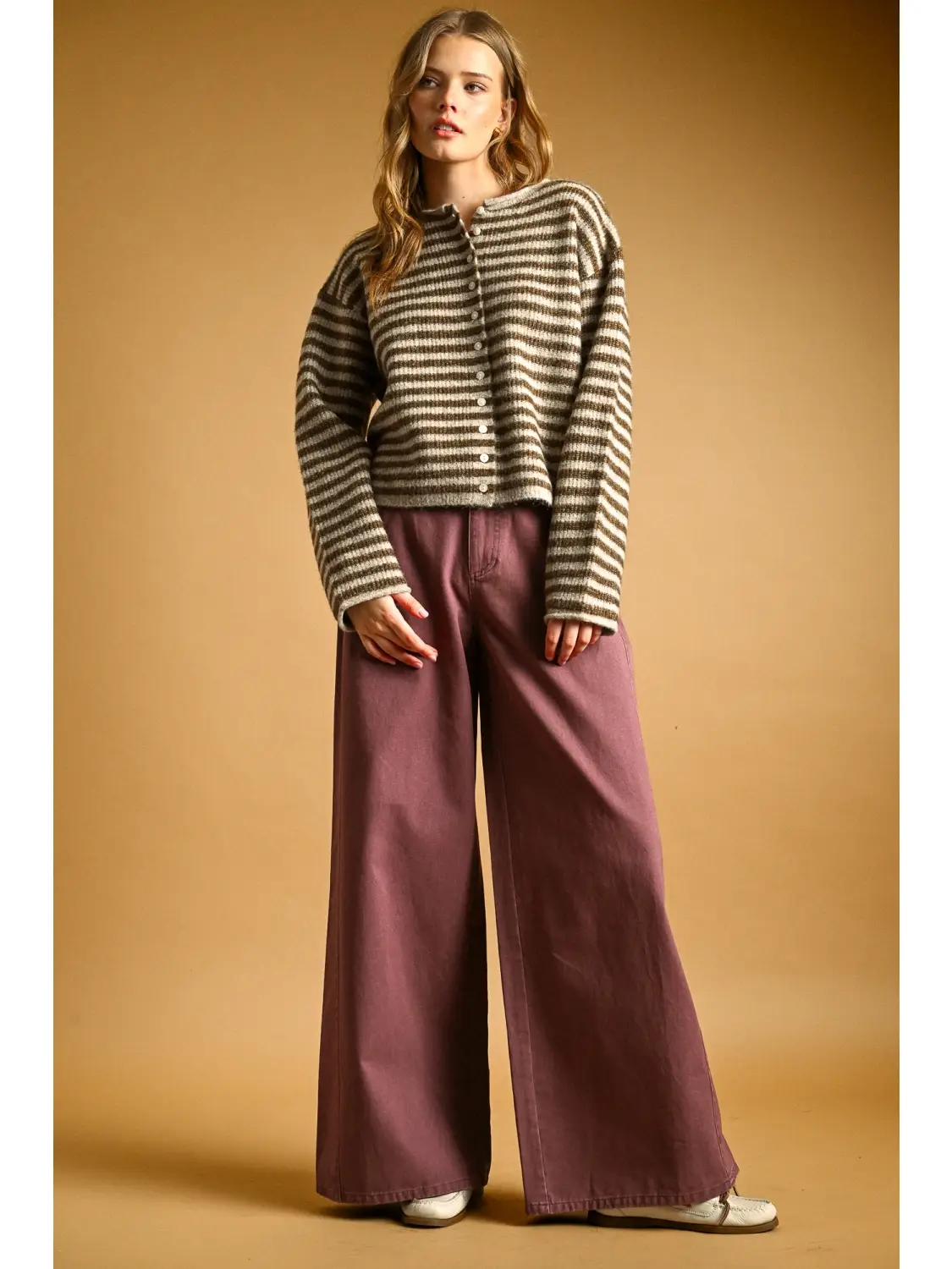 Striped Button Front Sweater Cardigan - MOCHA/OAT