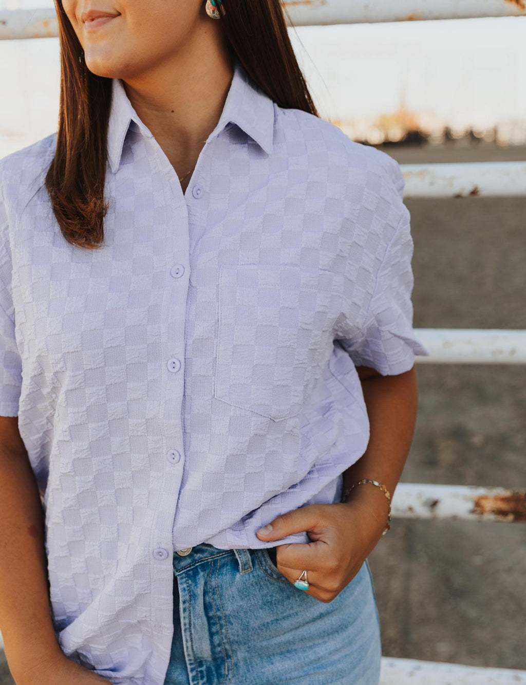 Textured Button Down Short Sleeve Pocket Shirt - Lavender