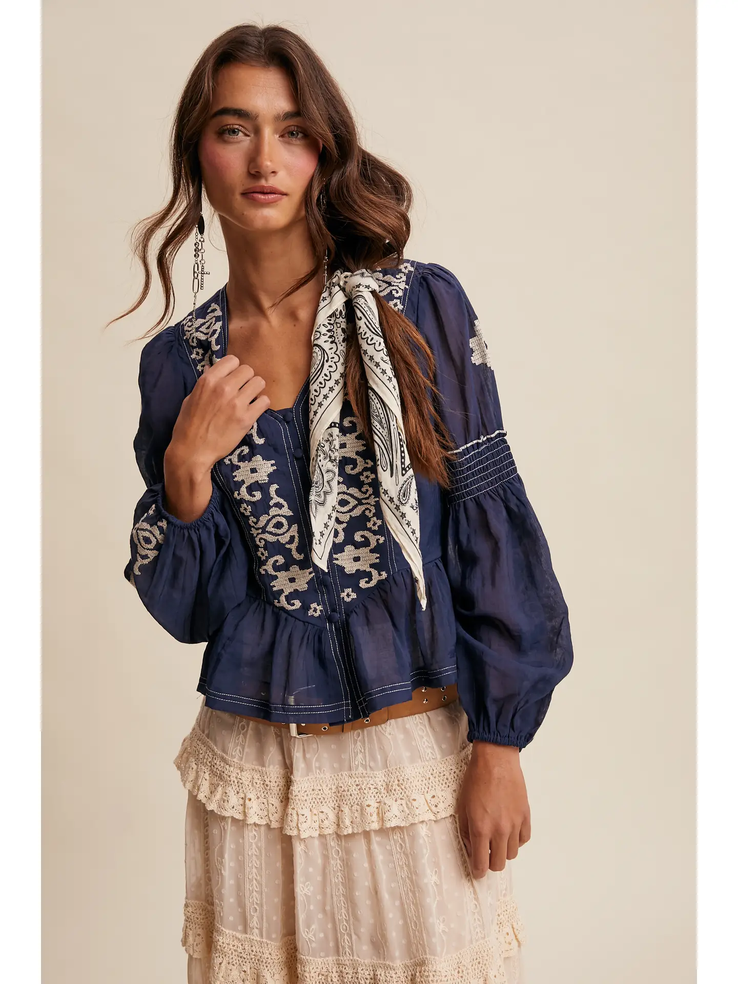 Embroidered Peplum Blouse - NAVY