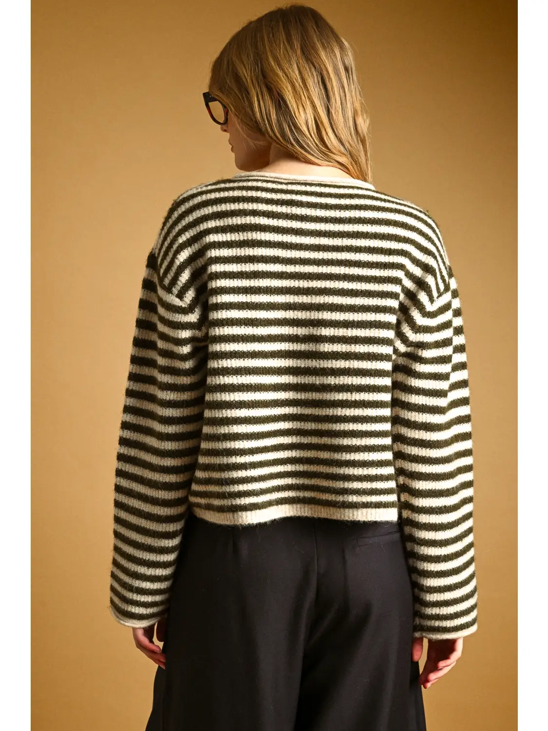 Striped Button Front Sweater Cardigan - OLIVE/OAT