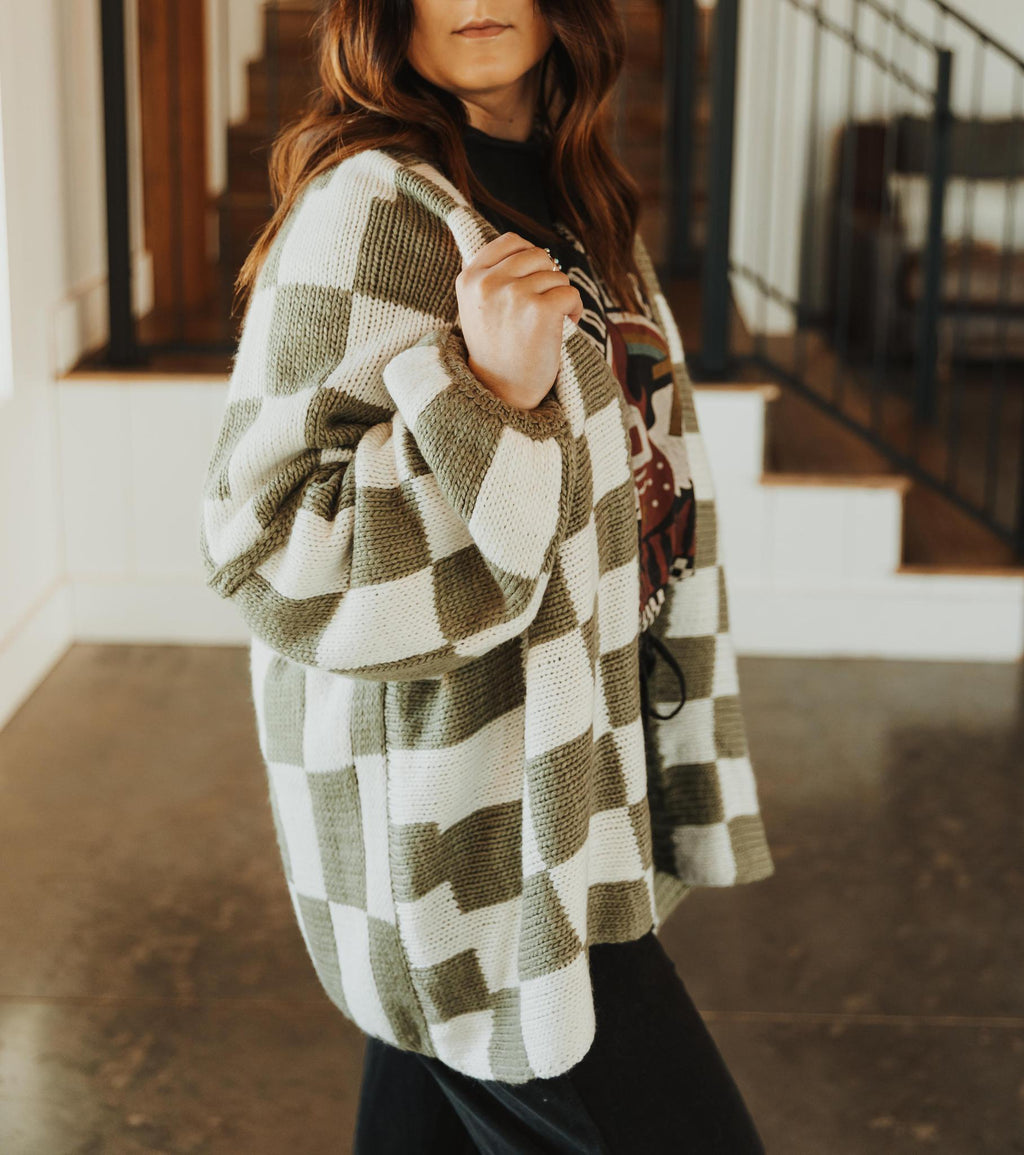 Check Dropped Shoulders Cardigan - Olive & White