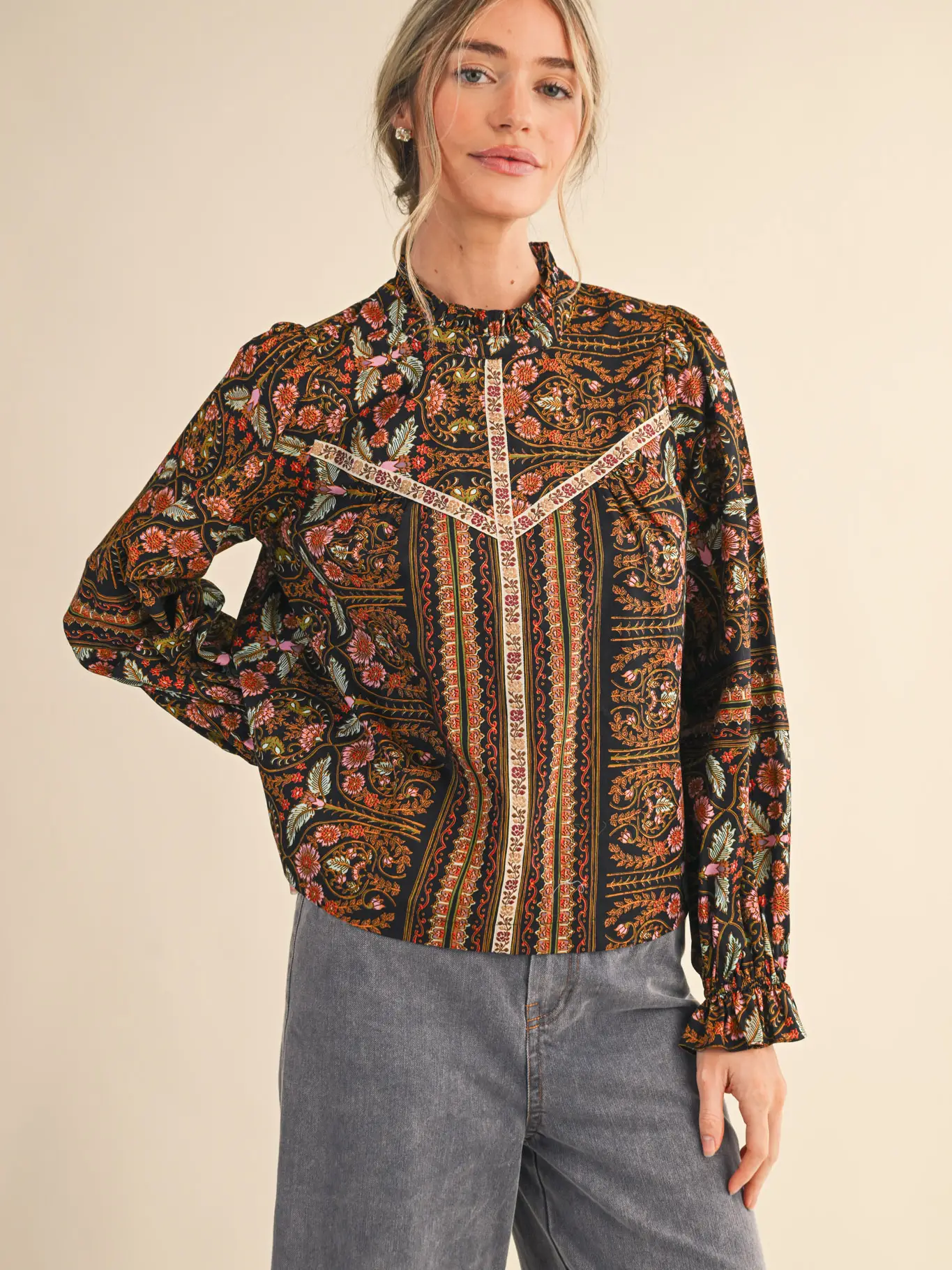Exclusive Floral Print Top with Floral Trim - BLACK MULTI