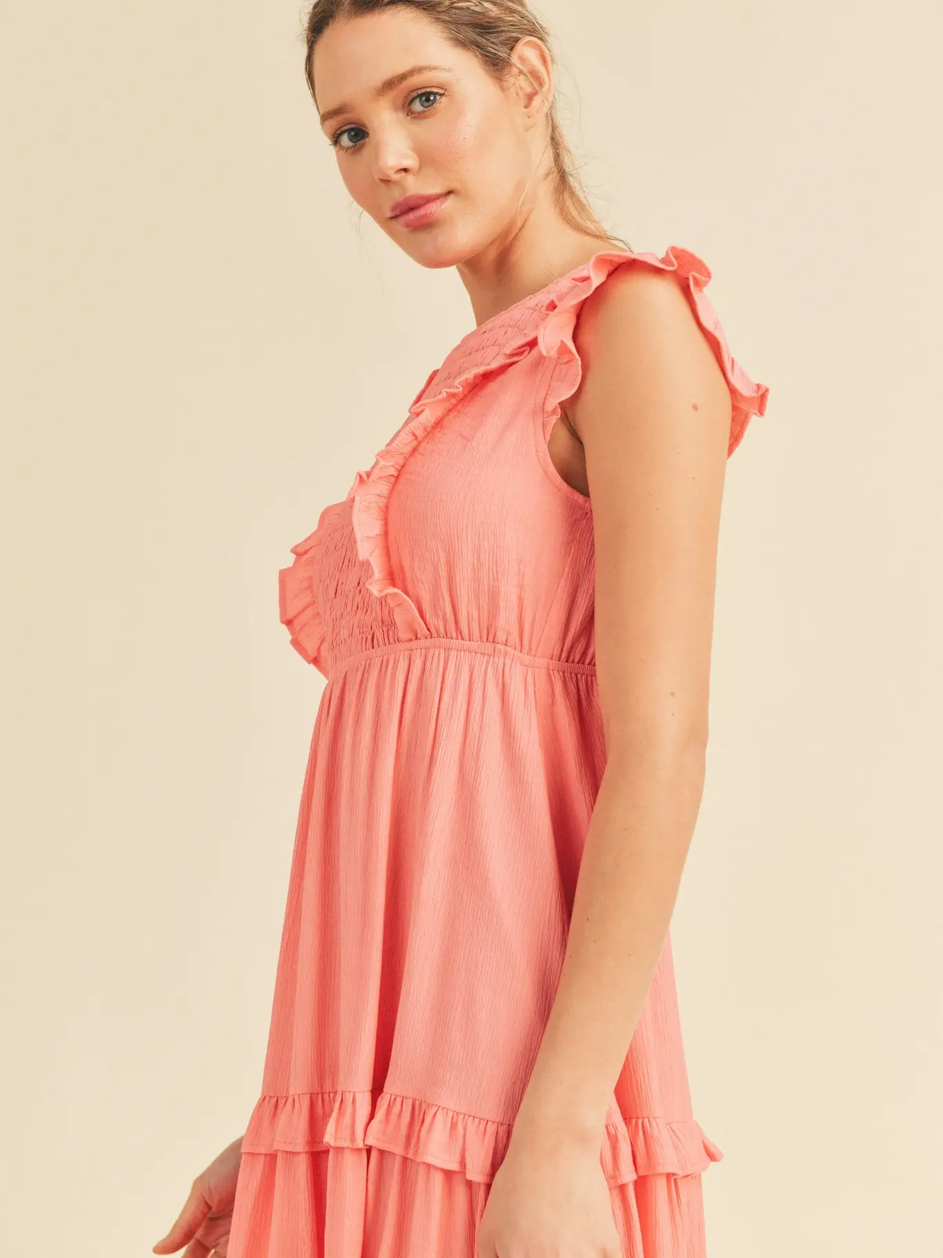 Smocked Ruffled Midi Dress - CORAL PINK