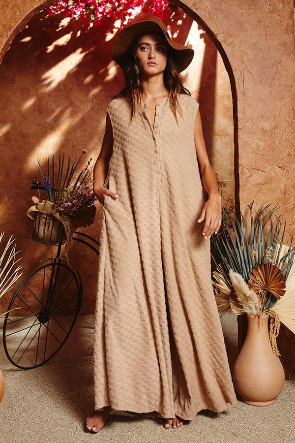 Wide Leg Chess Board Textured Brushed Knit Jumpsuit - TAUPE