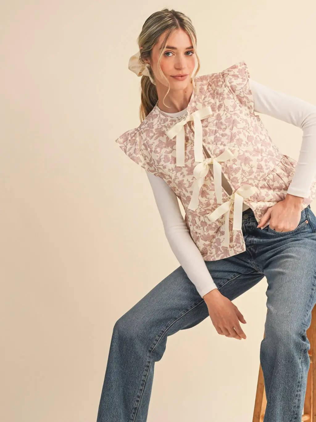 Flutter Sleeve Floral Quilted Vest - IVORY PINK FLORAL