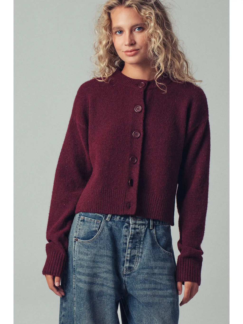 Relaxed Wool Blend Button-Up Cardigan - WINE