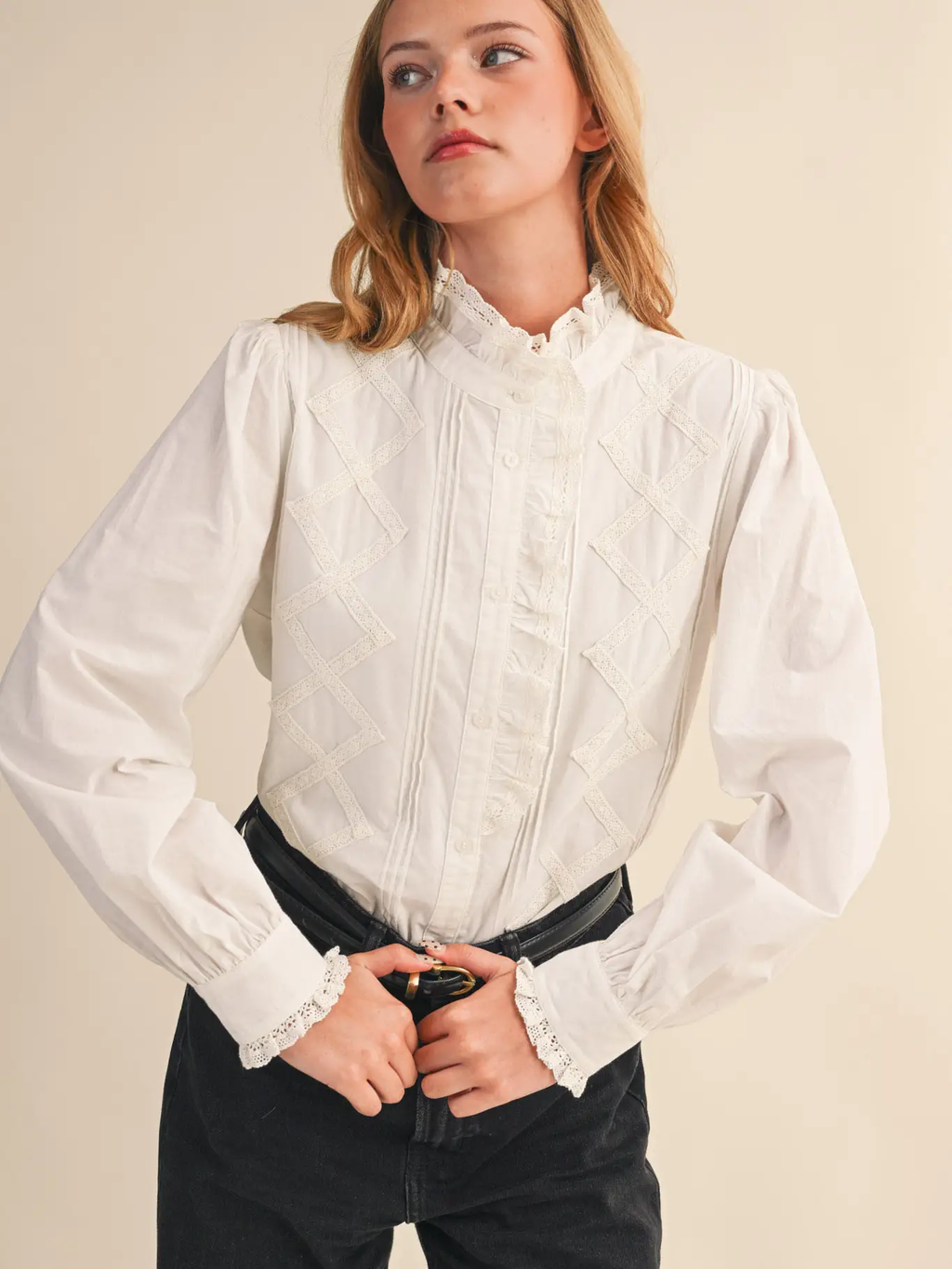 Ruffled Lace Trim Button Down Top