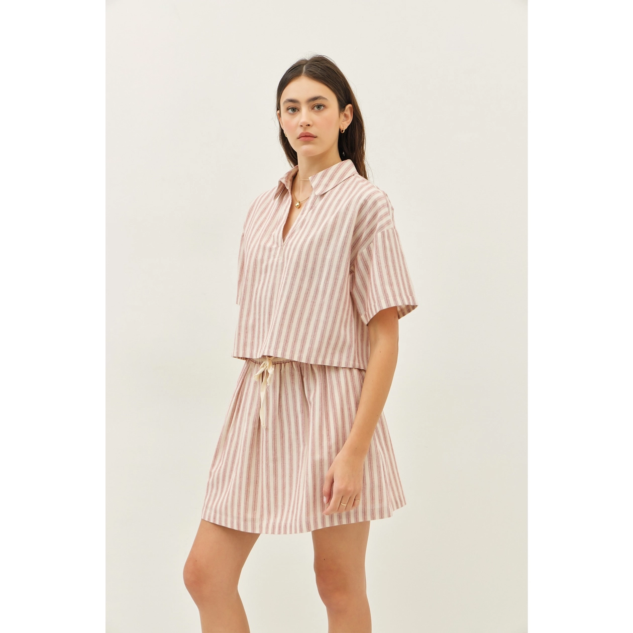 Stripe Mini Skirt with Elastic Band and Pockets - Red