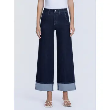 High Rise Dark Wash Cuffed Ankle Wide Leg Jeans - REVENUE