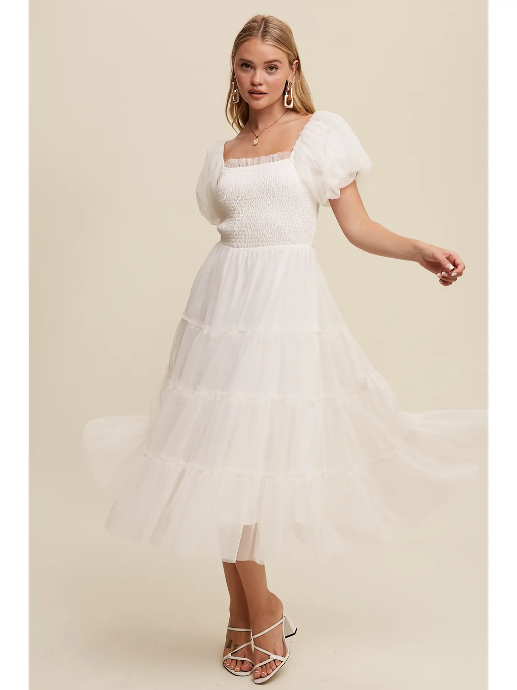 Tulle Smocked Puff Sleeve Midi Dress