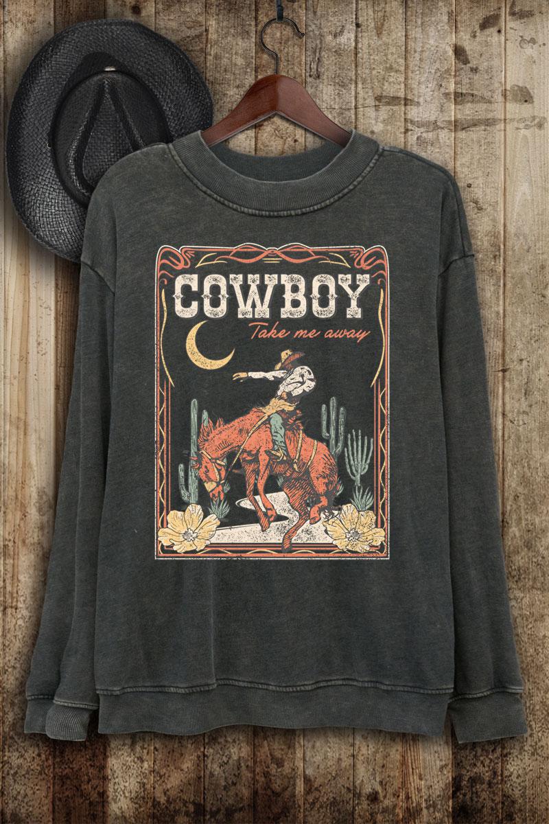 COWBOY TAKE ME AWAY BRONC LONG SLEEVE SWEATSHIRT - MINERAL BLACK