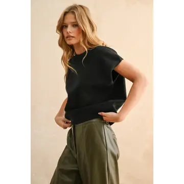 Loose Fit Short Sleeve Sweater Top - BLACK