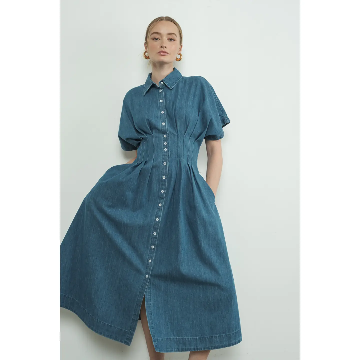 Button Front Pleated Shirts Midi Dress