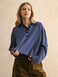 Stripe Long Sleeve with Collar Knitted Top - BLACK/WHITE