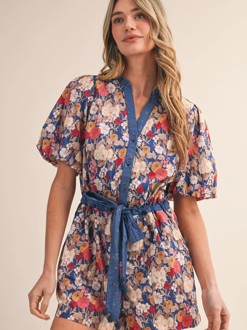 Bubble Sleeve Floral Print Romper - CREAM PINK FLORAL