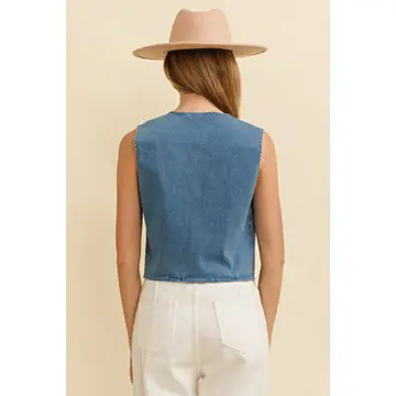 Denim Embroidery Design On Front Crop Vest - Denim Blue