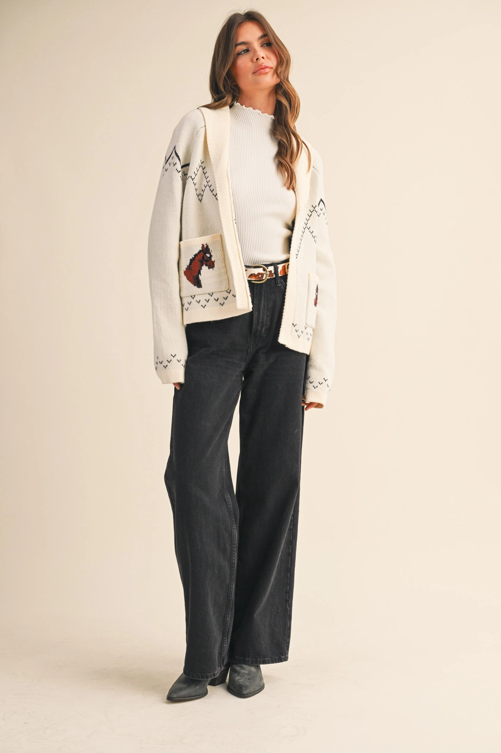 Horse Knit Sweater Cardigan - Ivory