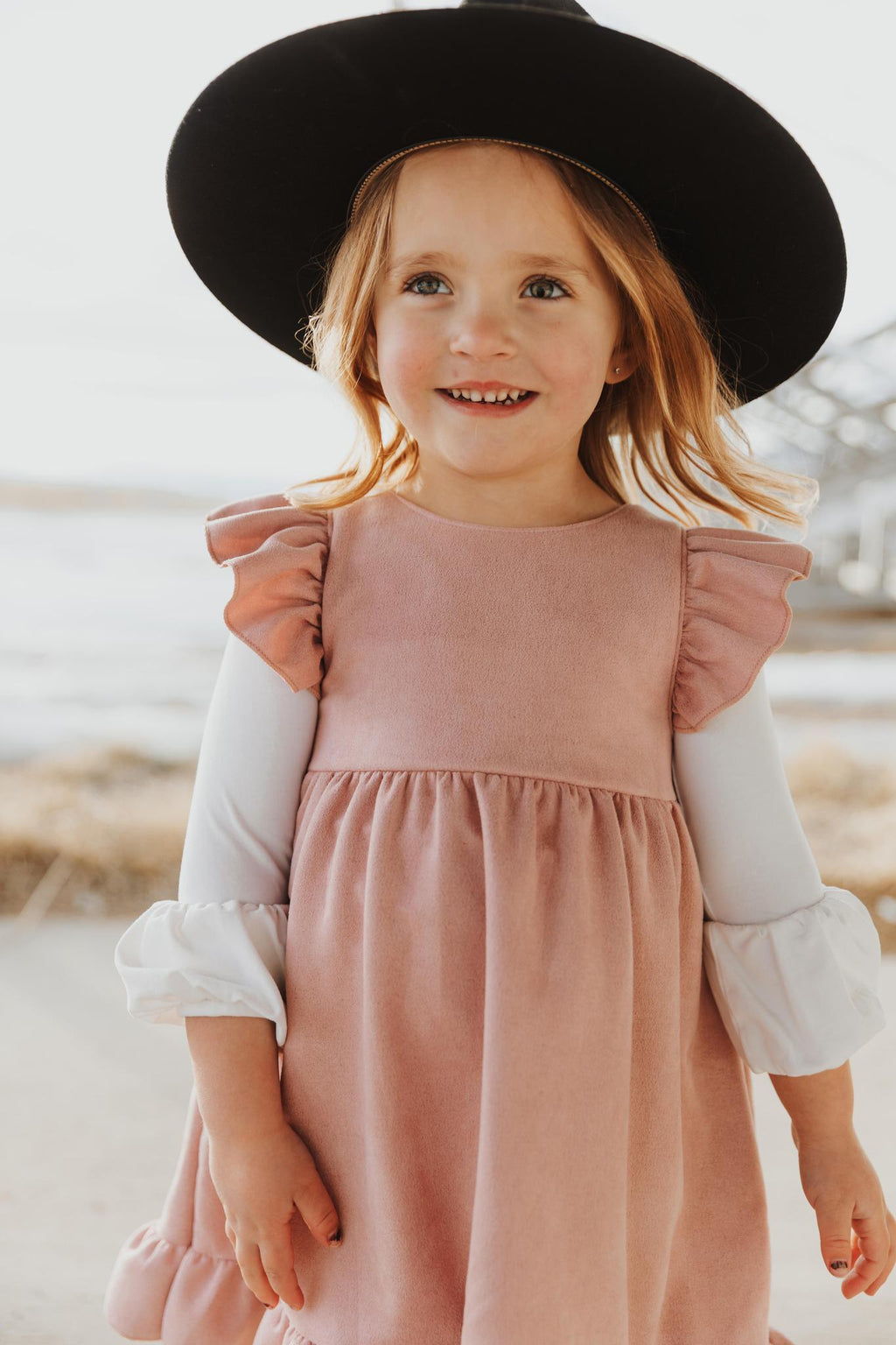 GIRLS PINK SUEDE RUFFLE GIRLS DRESS