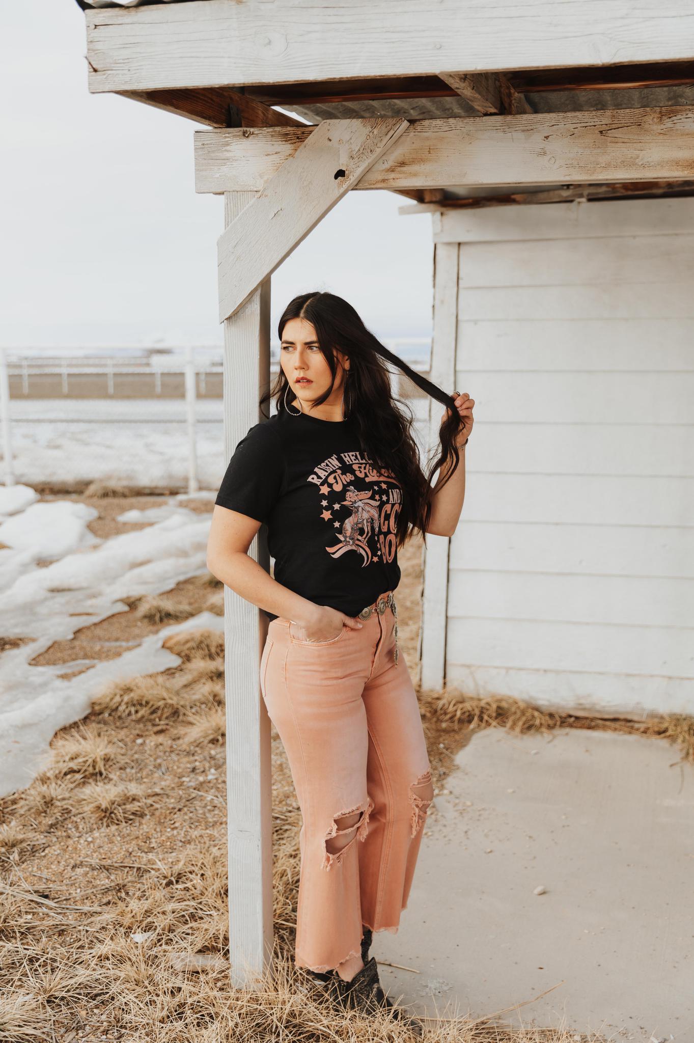 RAISIN HELL WITH THE HIPPIES & THE COWBOYS GRAPHIC TOP - BLACK