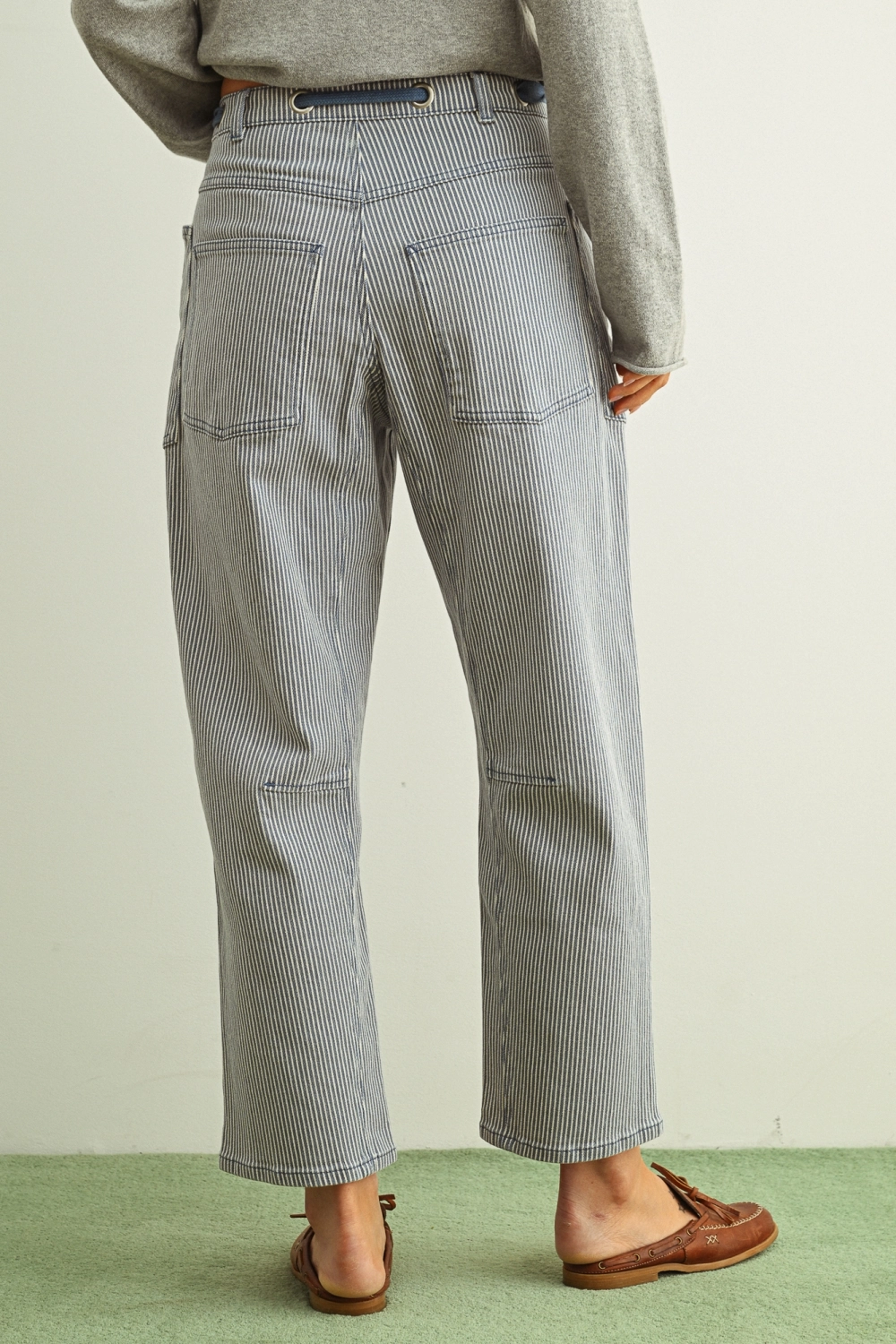 Striped Pattern Washed Barrel Pants with Belt - Blue
