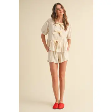 Striped Pattern Ruffled Blouse - Beige