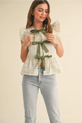 Striped with Tie Front Ruffle Sleeveless Blouse - Green