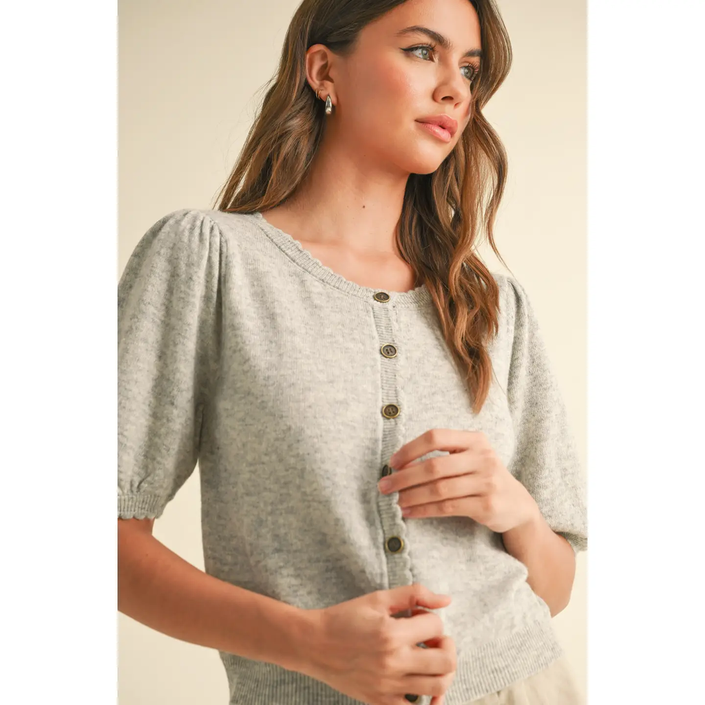 Puff Short Sleeve Button Down Knit Cardigan - Heather Grey