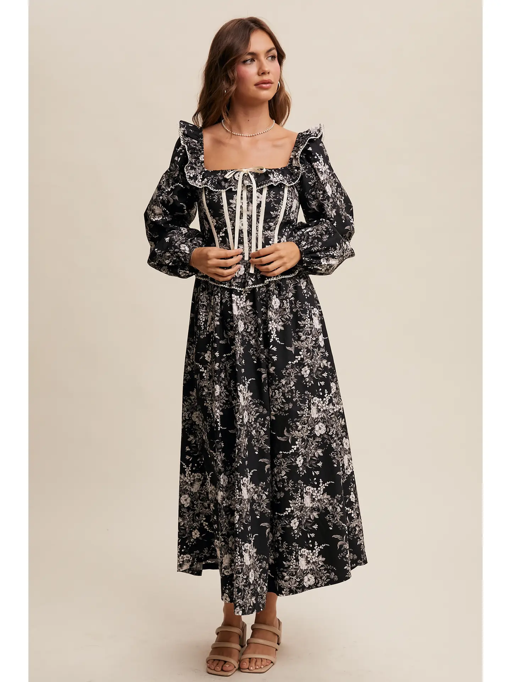 Floral Corset Ruffle Midi Dress - BLACK