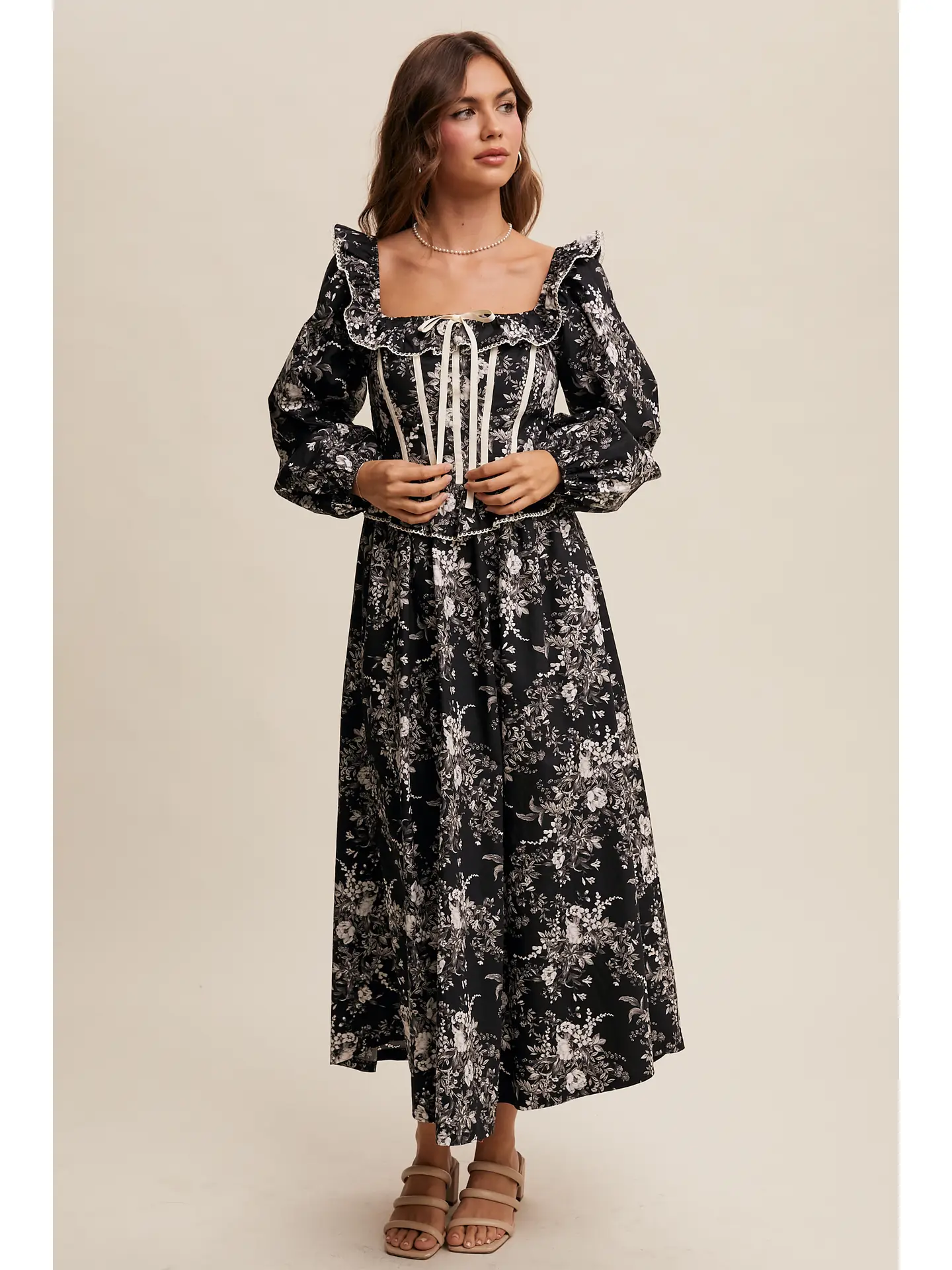 Floral Corset Ruffle Midi Dress - BLACK