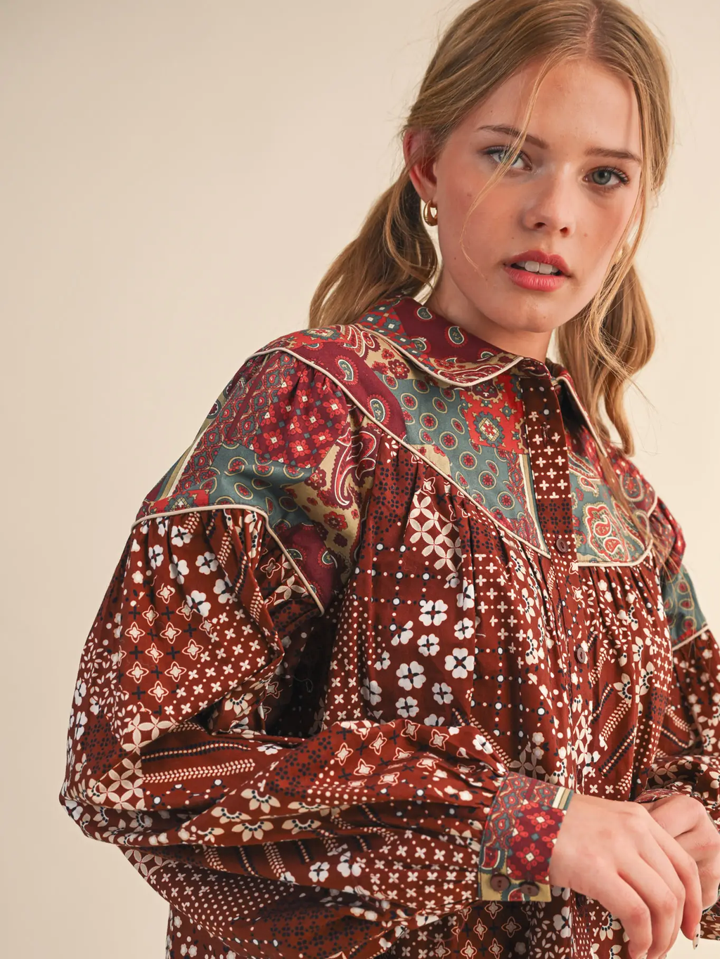 Mixed Patchwork Print Button Down Top - Brick Clay
