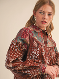 Mixed Patchwork Print Button Down Top - Brick Clay
