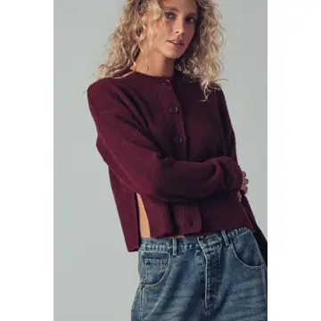 Relaxed Wool Blend Button-Up Cardigan - WINE