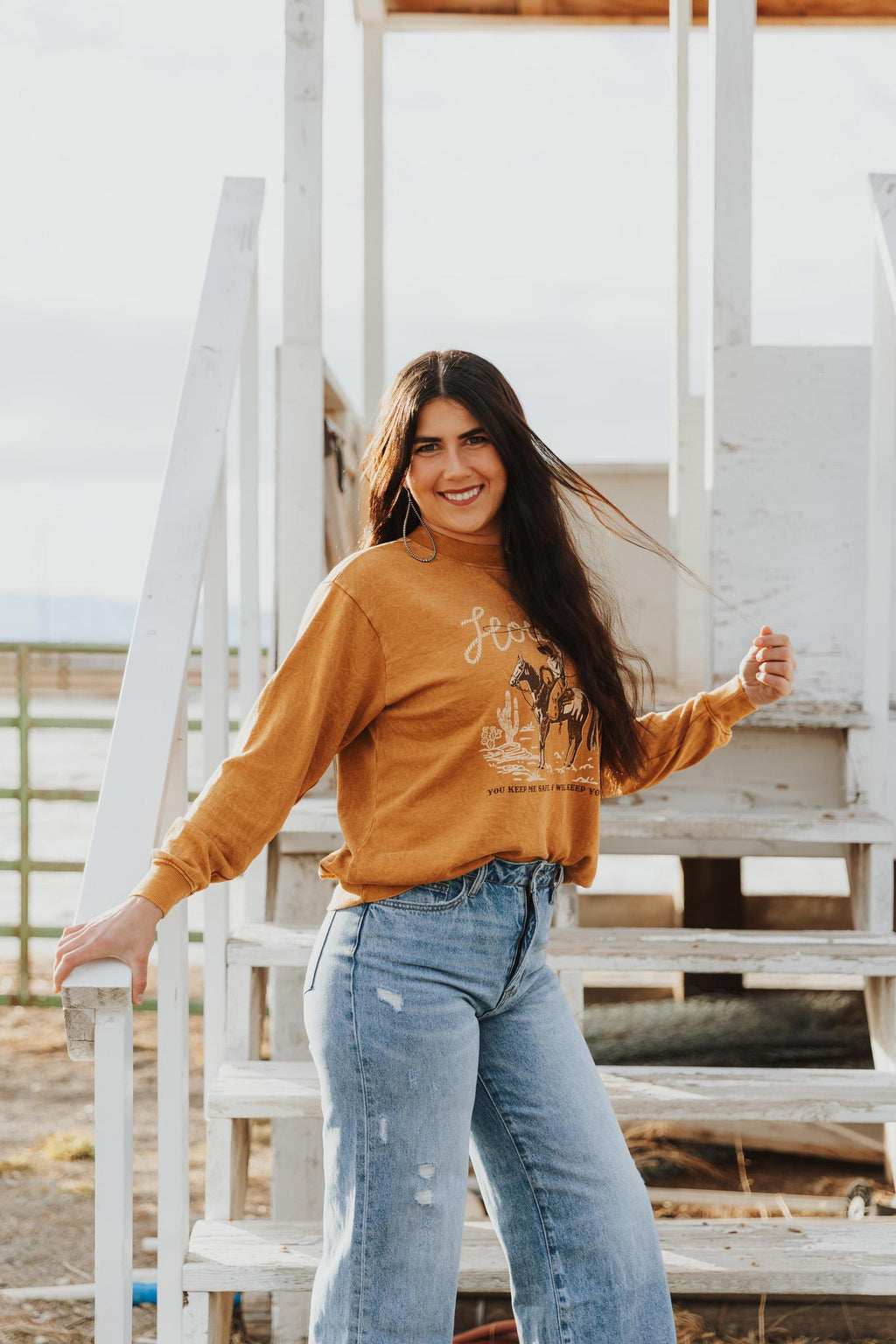 WILD WEST HOWDY COWBOY LONG SLEEVE SWEATSHIRT - MINERAL MUSTARD