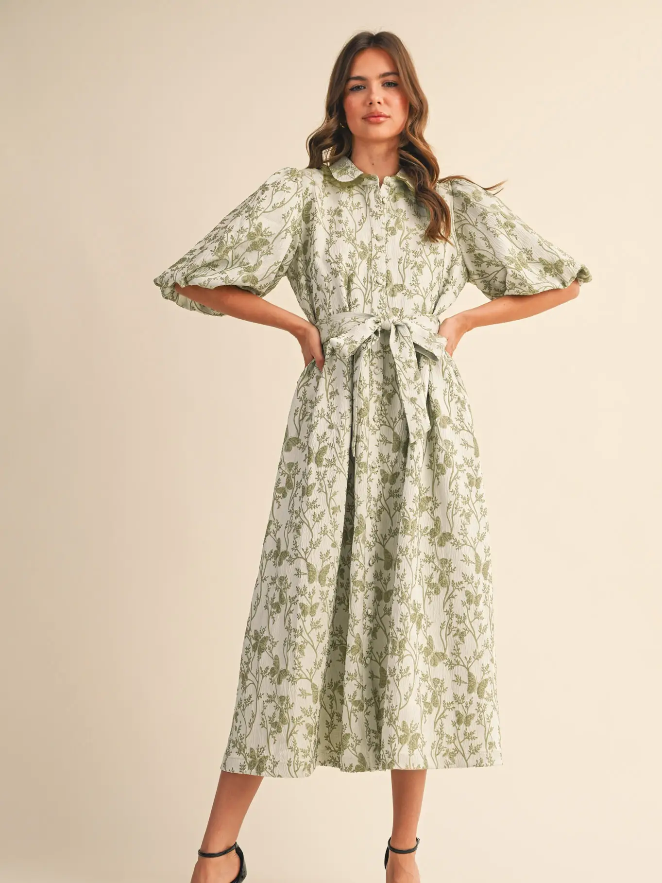 Jacquard Bubble Sleeve Button Down Midi Dress  - SAGE GREEN