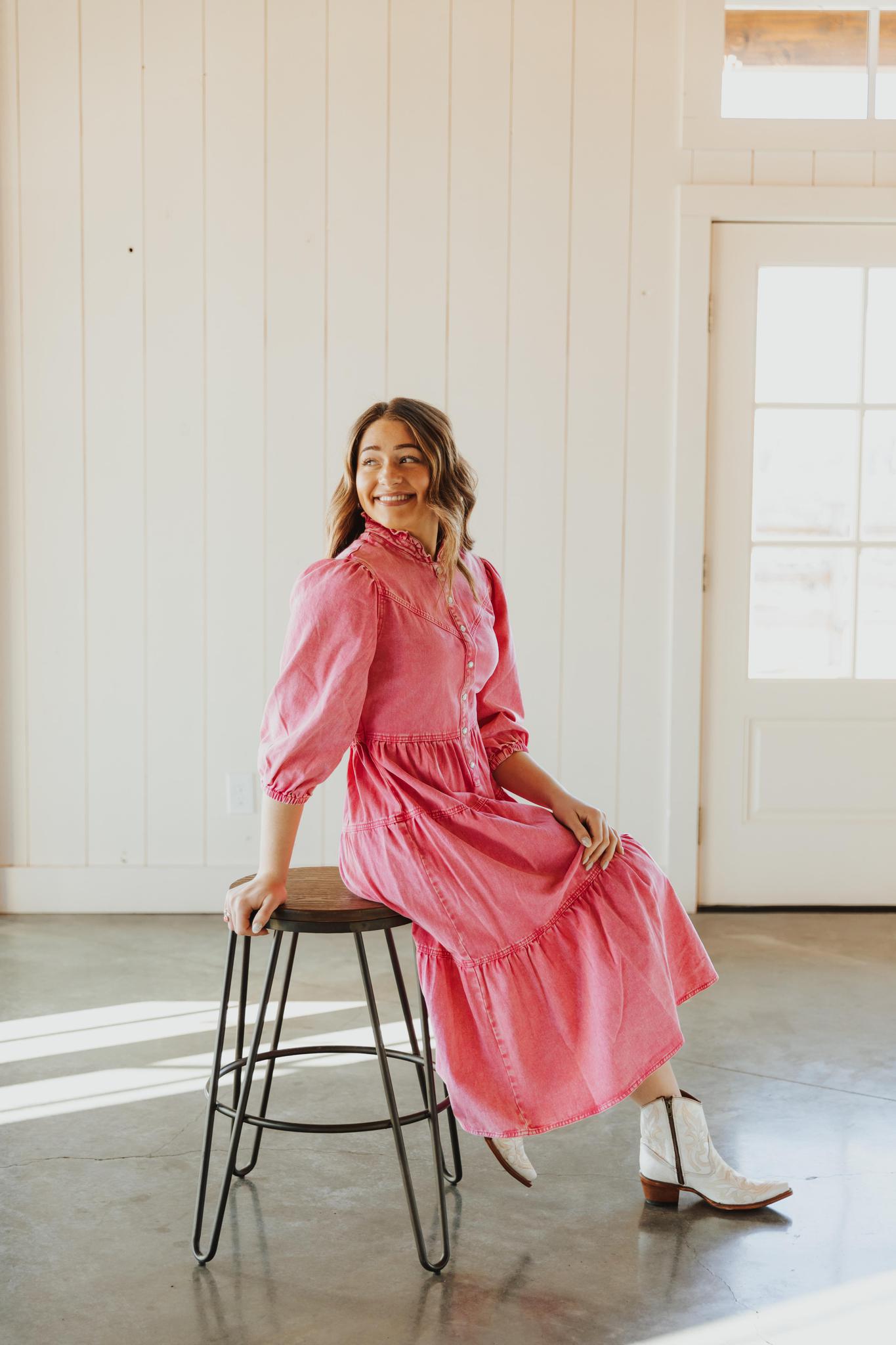 Garment Washed Chevron Yoke Midi Denim Dress - Hot Pint